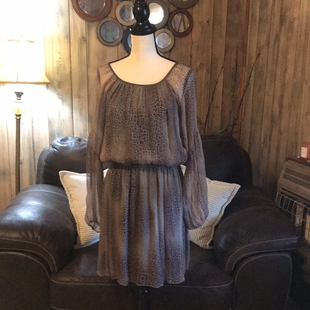 Anthropologie Haven Sheer Tan and Gray Long Sleeve Tortoise Dress Size L